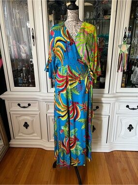 FARM Rio Blue Tropical Banana Print Wrap Maxi Dress S